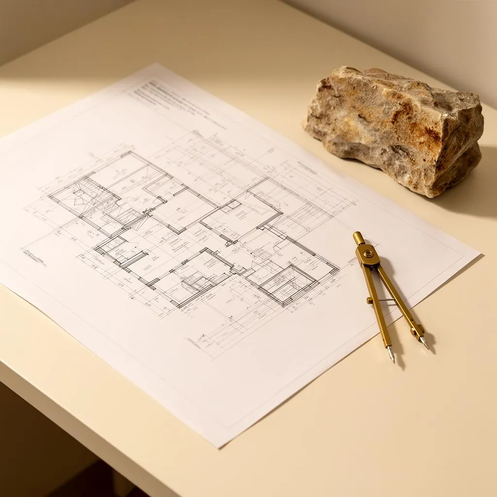 Architectural blueprint with brass compass